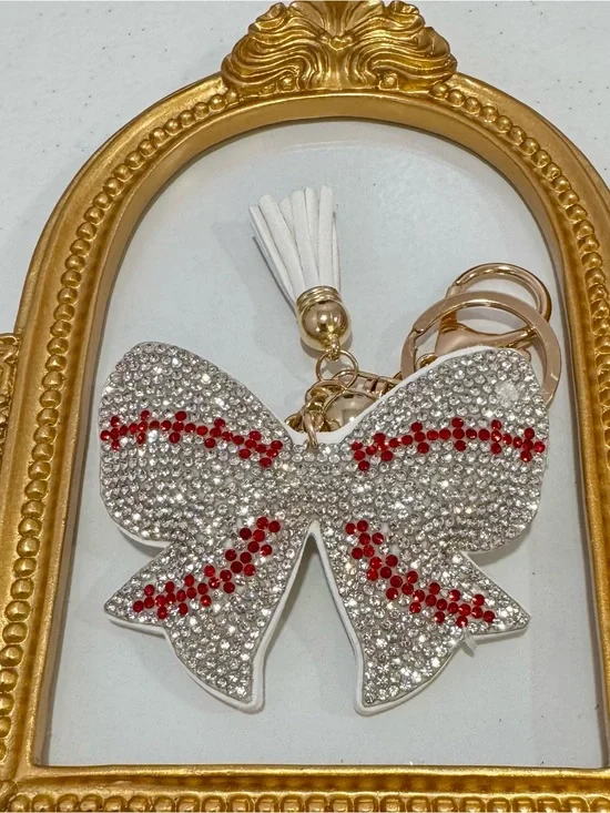 New Crystal Baseball Bow Keychain with Red Accent and White Tassel