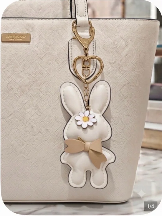 White Bunny Keychain with Tan Bow and Daisy Accent Keychain bag charm NEW