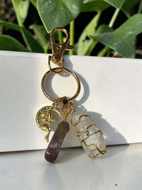 Gold-Tone Crystal Charm Keychain with Moon Pendant - Clear & Brown Crystals