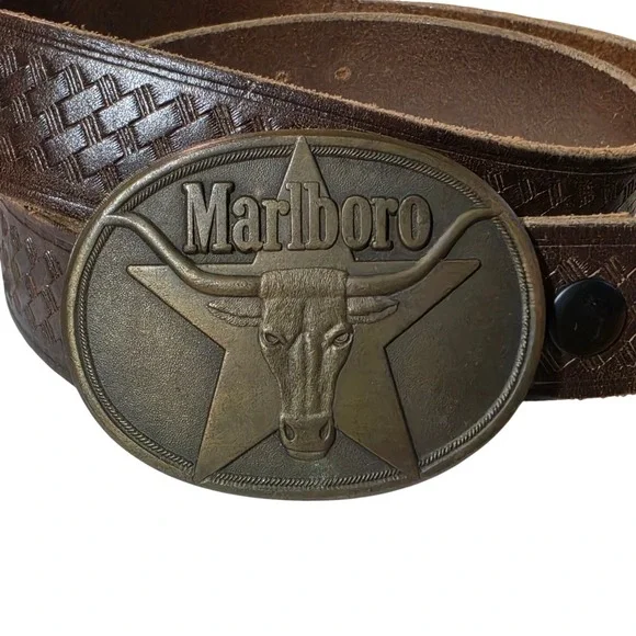 Vtg Marlboro Mens 36 38 40 Leather Belt Brown Brass Longhorn Star Buckle 1987