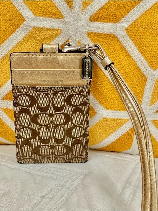 Coach Brown Signature Canvas Cardholder with Metallic Gold Trim and Wristlet