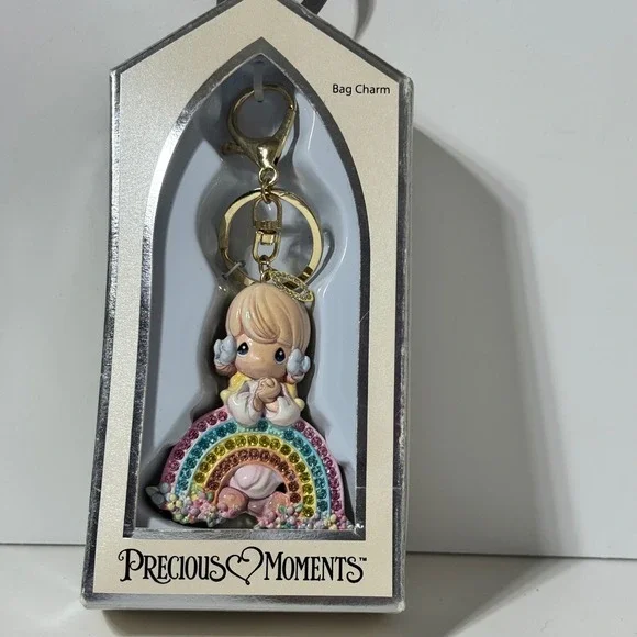 Precious Moments Bag Charm Keychain Rainbow Angel Rhinestone Gold Tone New Gift