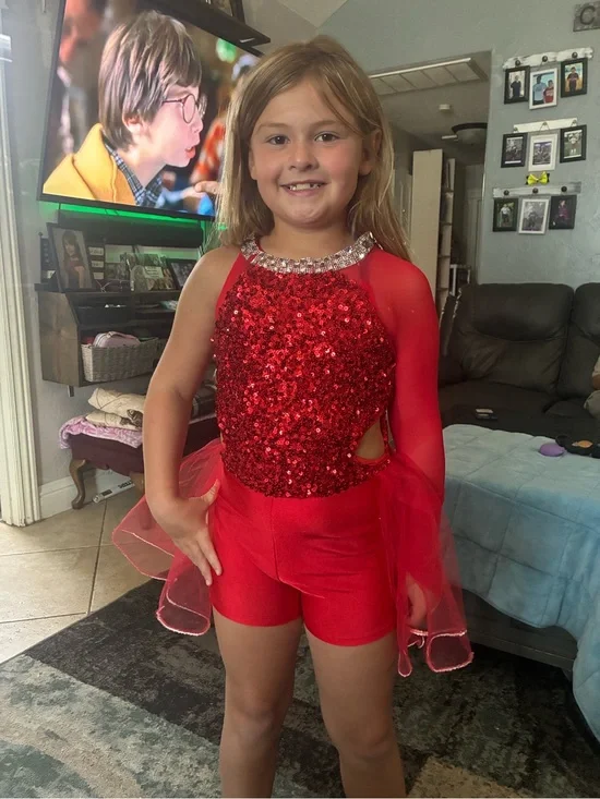 Red Sequin Girls' Dance Costume with Sheer Sleeve