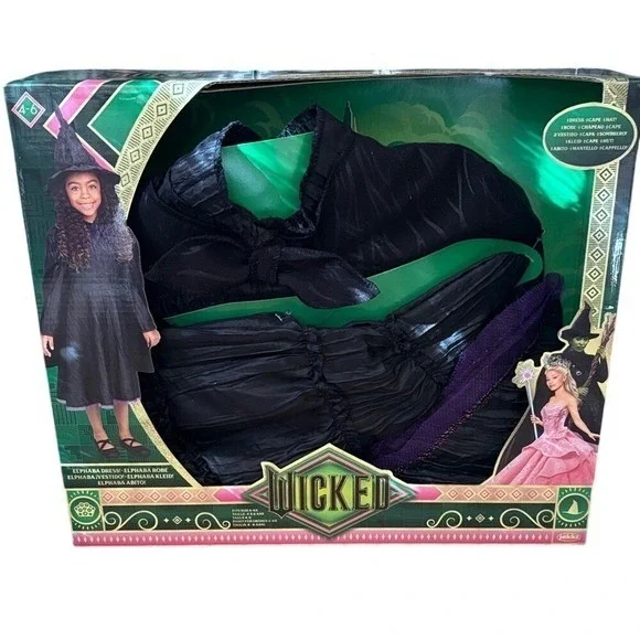 Wicked The Movie: Elphaba Kids Costume SZ 4-6X Dress & Hat Halloween Witch NEW