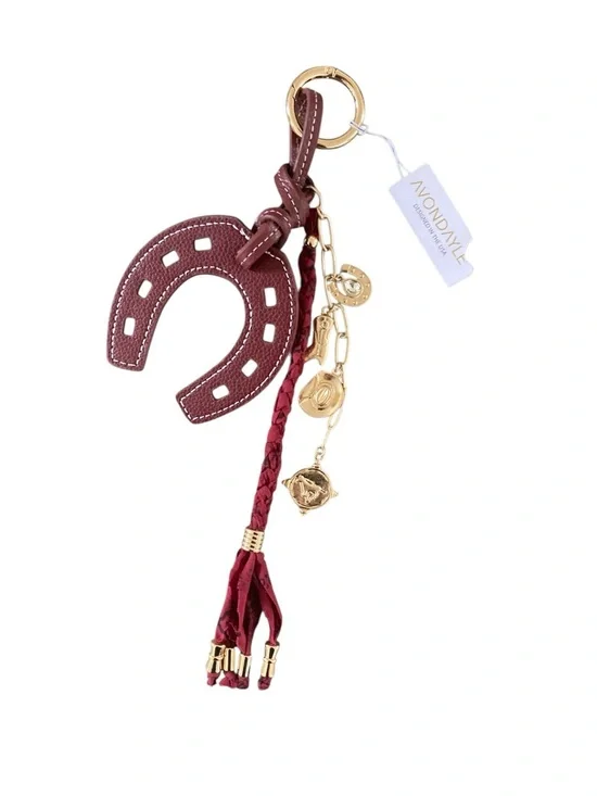 Avondayle Burgundy Leather Horseshoe Bag Charm NWT Gold Tassel Keychain Accessor