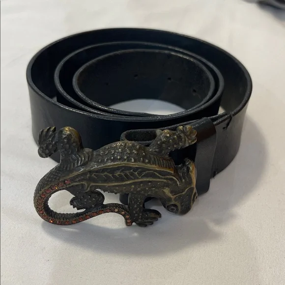 Emporio Armani Black Leather Embossed Belt Brass Lizard Belt Buckle Mens
