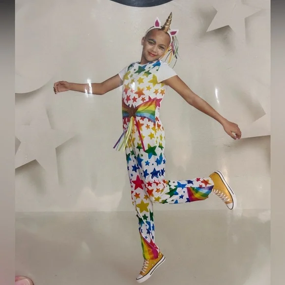 Hyde and EEK Kids Rainbow Unicorn NWT Halloween Costume Jumpsuit Headband S 6-7