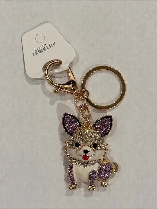 NWT Rhinestone Corgi Dog Keychain Bag Charm Purple Gold
