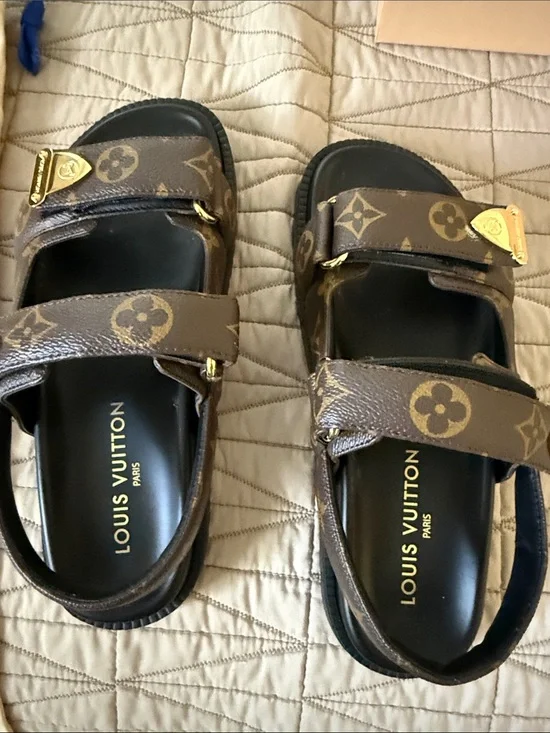Louis Vuitton Brown Monogram Double-Strap Sandals with Gold Hardware