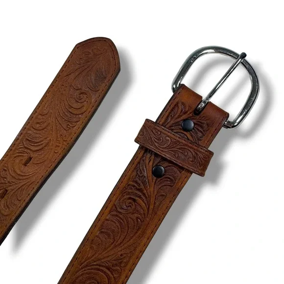 Justin Belt Mens 36 Brown Scroll Tooled Leather Western Cowboy Silver Buckle‎
