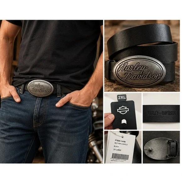 Harley‎ Davidson Leather Belt Mens 2XL Black Script Logo Buckle BMW028 NWT
