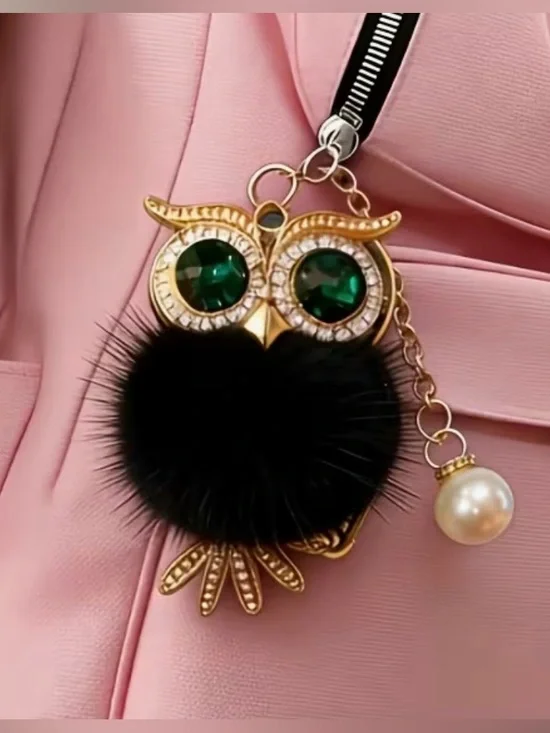 Gold Owl Keychain/Bag Charm with Emerald Eyes and Black Fur Pom