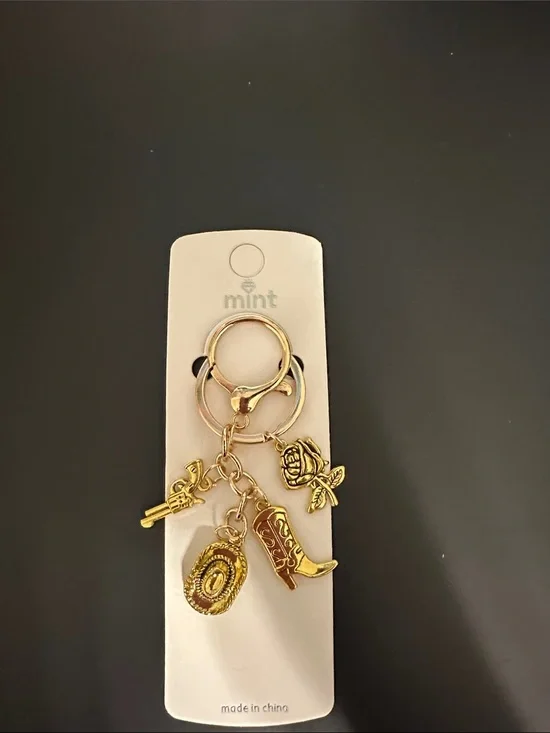 Mint Gold Western Charm Keyring with Rose, Boot, Hat & Pistol