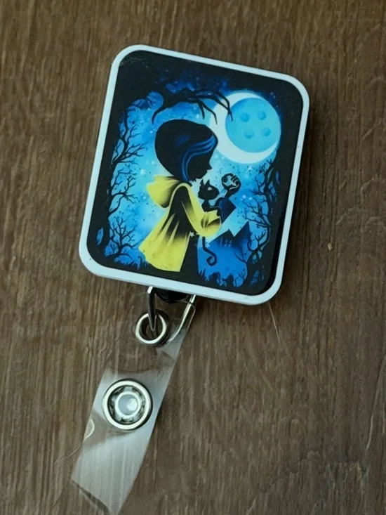 Moonlit Girl & Cat Badge Reel - Blue and Yellow