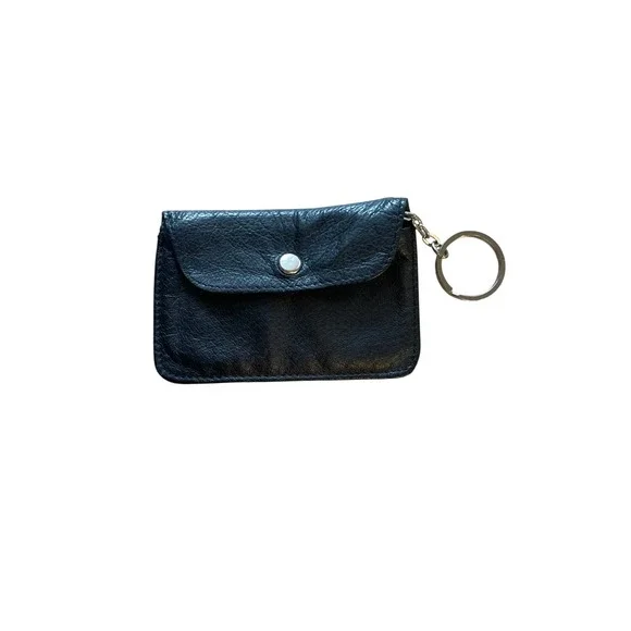 Black Leather Coin Purse Keychain Small Snap Flap Zippered Pouch Wallet Mini