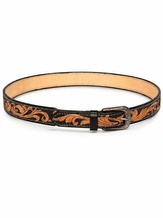 Tooled Leather Belt - Black Tan handmade