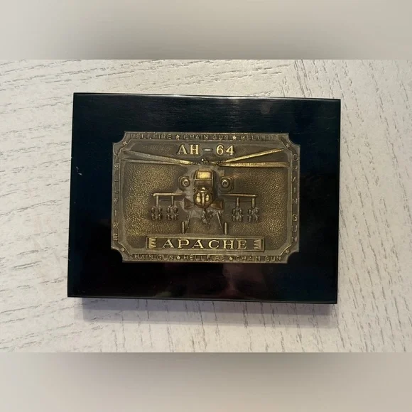 AH-64 Apache Attack Helicopter Commemorative Belt Buckle in Resin Display Block