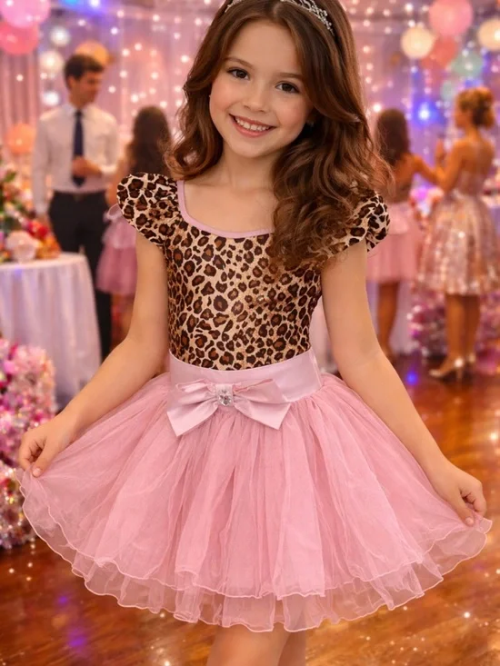 Leopard Bodice Pink Tulle Party Dress for Kids