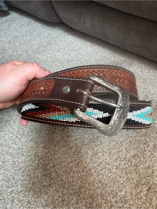 Brown Leather Western Beaded Men’s Belt - Turquoise Accent
