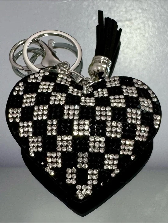 New Black/Silver Checkered Heart Crystal Keychain