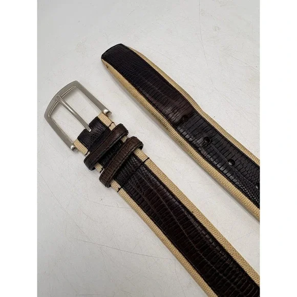 Genuine Italian Leather Lizard Embossed Canvas Belt Size 38 Brown Beige