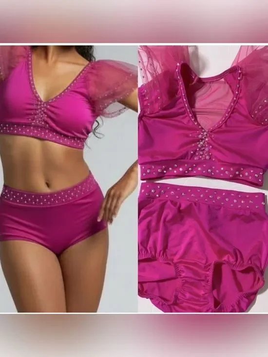 Kelle dance jazz acro solo duet costume 2 piece hot pink rhinestoned LC child