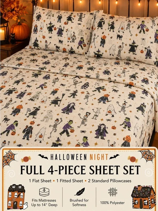 Cream Halloween Character Full 4-Piece Sheet Set