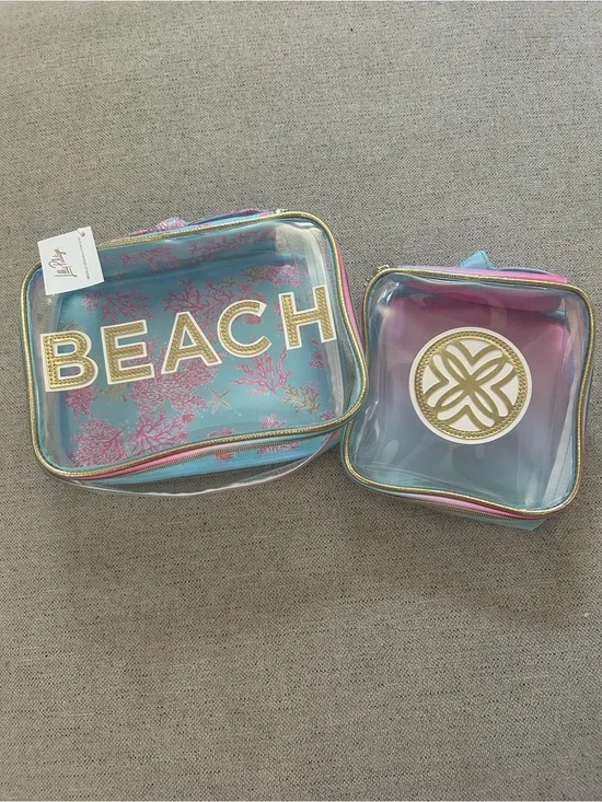 Lilly Pulitzer Clear Beach Cosmetic Bag Set - Turquoise, Pink, Gold