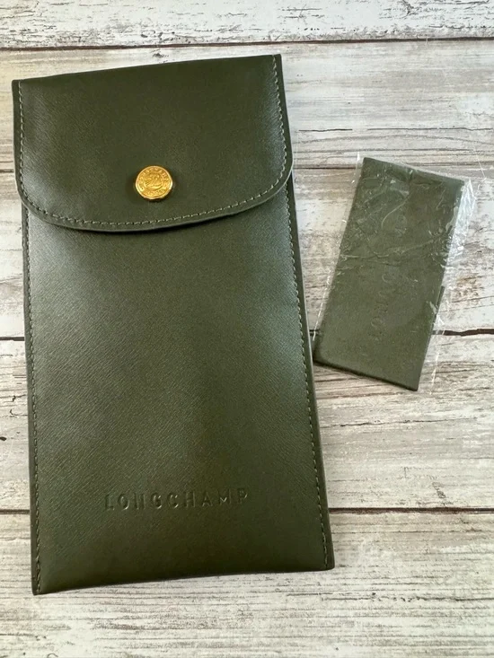 New Unused Longchamp Deep Green Leather Sunglasses/Phone Pouch & Cleaning Cloth