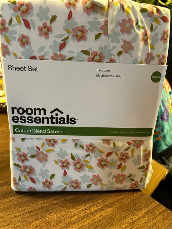 Room Essentials Cotton Blend Sateen Sheet Set - Pink, Green & Light Blue Floral