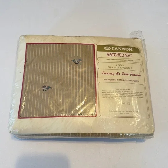 Vintage Cannon Full Sheet Set Fly Fishing Lures Percale 4pc Tan Blue Made in USA