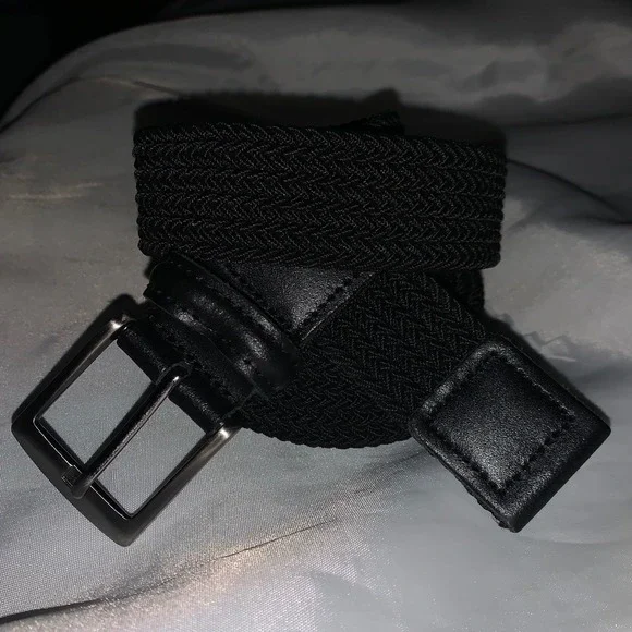 Mens Black Braided Elastic Stretch Belt Leather Trim Silver Buckle Size‎ 40 14