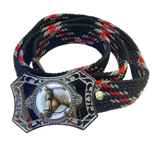 Vintage Western Horse Portrait Belt Buckle Woven Paracord Style Belt 47.5”