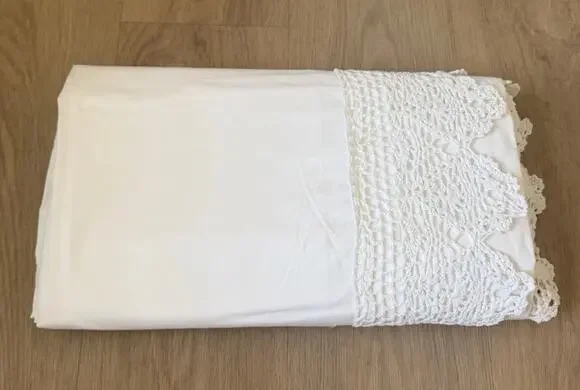 Vintage Hand Crochet Lace Flat Sheet King White Cotton