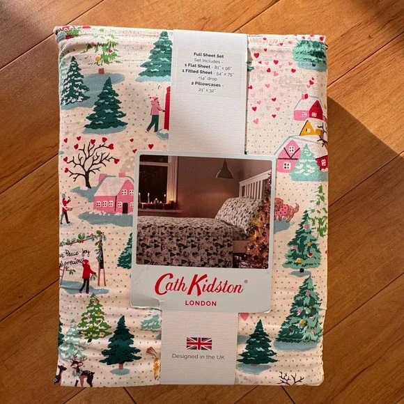 Cath Kidston Full Sheet Set Christmas Tree Village Cream 100% Cotton Percale