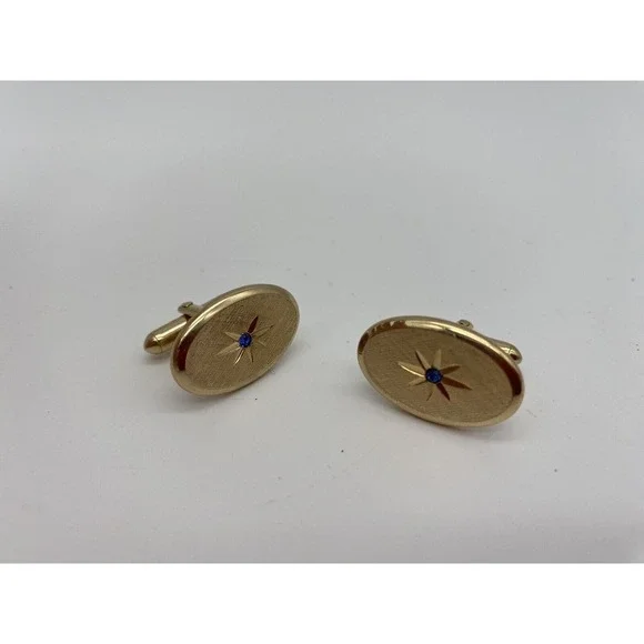 VTG AVON Star Etched Cufflinks With Blue Rhinestone‎ Gold Tone Oval