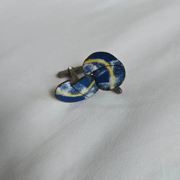 VTG Copper Kidney Bean Modernist Cufflinks OS Men Blue Abstract Enamel Unbranded