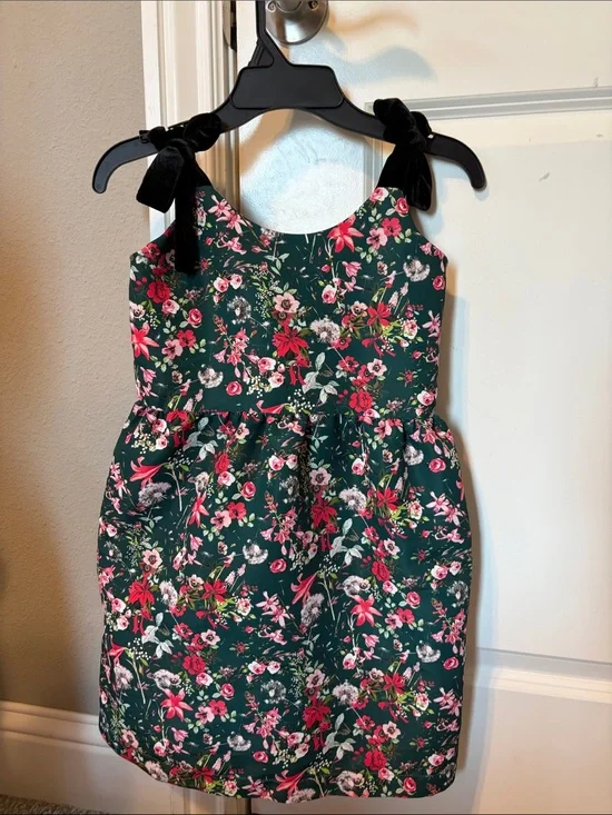 Vineyard Vines Dark Green Floral Dress with Velvet Tie Straps