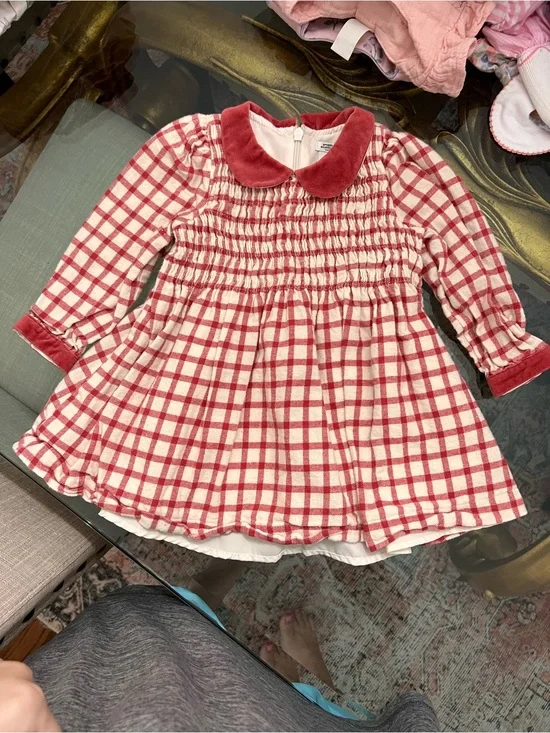 Amazon Essentials Cream and Red Plaid Long-Sleeve Smocked Dress