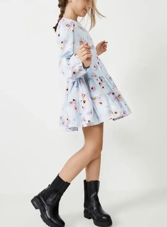 BARDOT Girls Ella Broderie Dress Size 8 Blue Floral Size Long Sleeve NWT