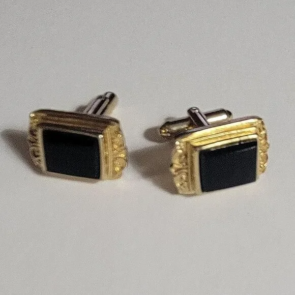 Goldtone Rectangular Cufflinks Black Stone