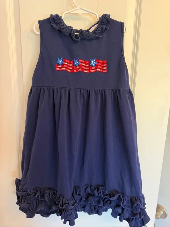 Girls Navy Sleeveless Ruffle Dress with Patriotic Appliqué