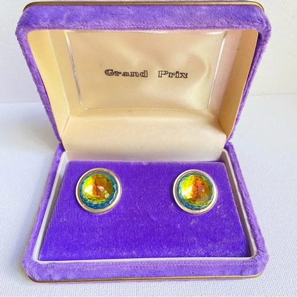 SWANK Grand Prix cuff links vintage with multicolored faceted rhinestones in box