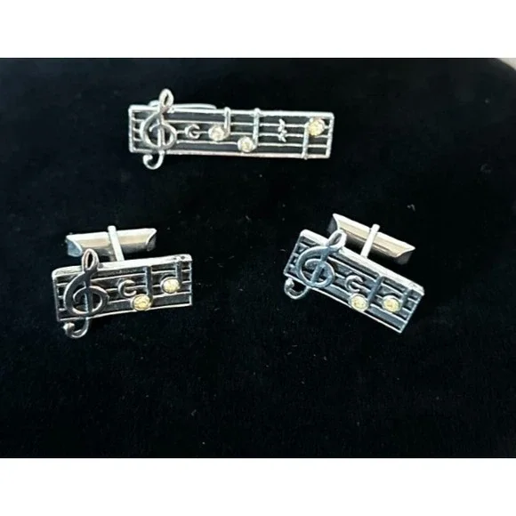 Vintage 1970s Swank Music Clef Notes‎ Musical Symbols Cufflinks/Tie Clip Set MCM