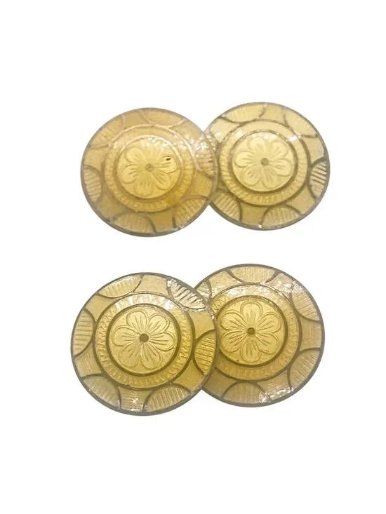 Antique Art Deco Sterling Silver & Yellow Guilloche Enamel Round Cufflinks