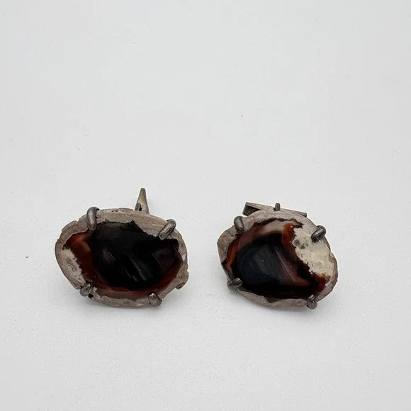 Vintage Sterling Silver Brown Agate Cufflinks Mens Whale Back Stone Pair Jewelry