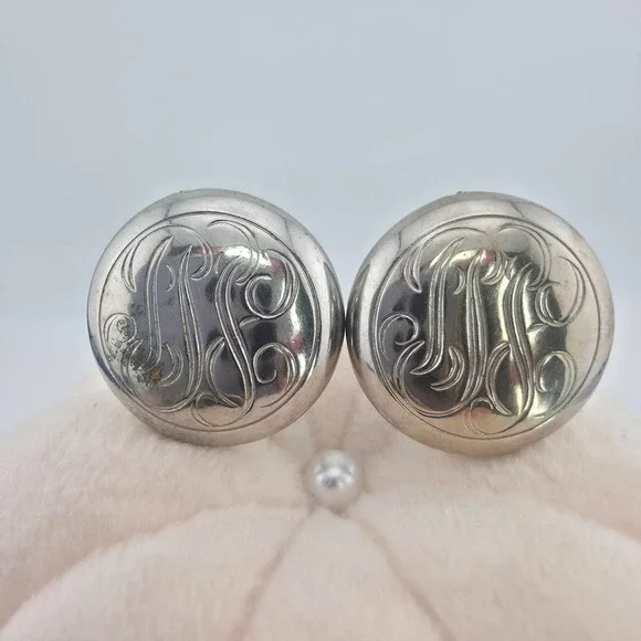 Vintage Cufflinks Engraved Monogram Scrollwork Elegant Silver Plate Bullet Back