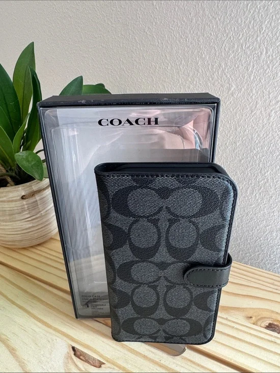 Coach Charcoal and Black Signature Canvas Phone Folio IPhone 13 Pro Max