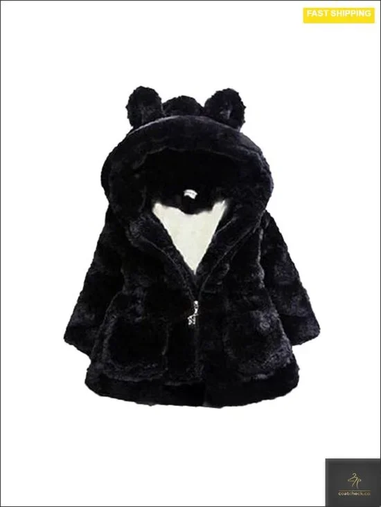 Kids Girls Faux Fur Hooded Winter Jacket Coat Fleece Thicken Warm Toddler