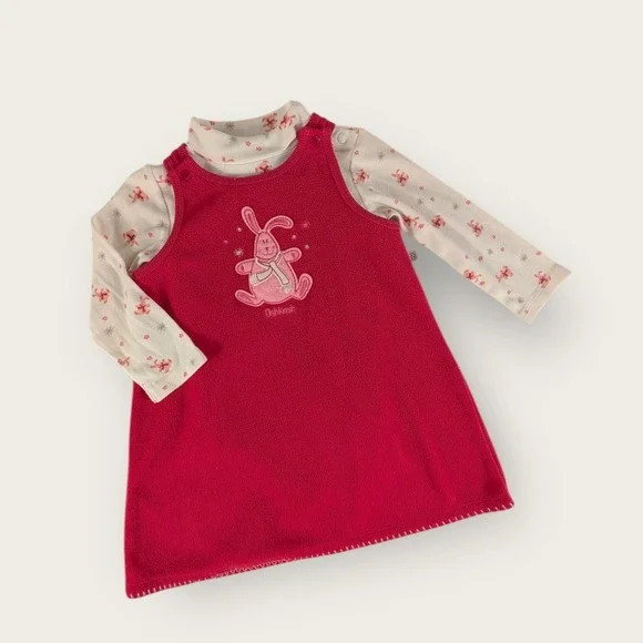OshKosh Bgosh Girls Red Fleece Bunny Jumper Dress and Floral Turtleneck Set 18M